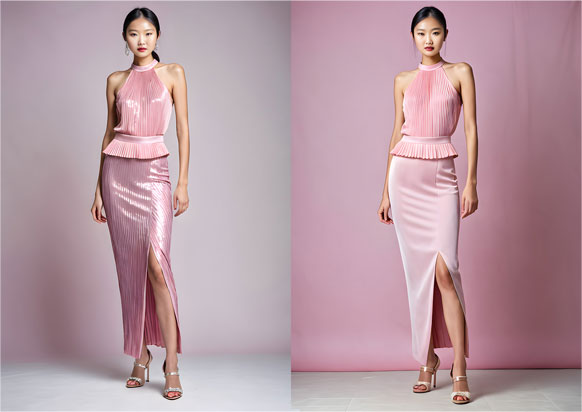 Two Chinese female fashion models wearing pink summer outfits created with generative AI by fashion designer Richard Roelofse.