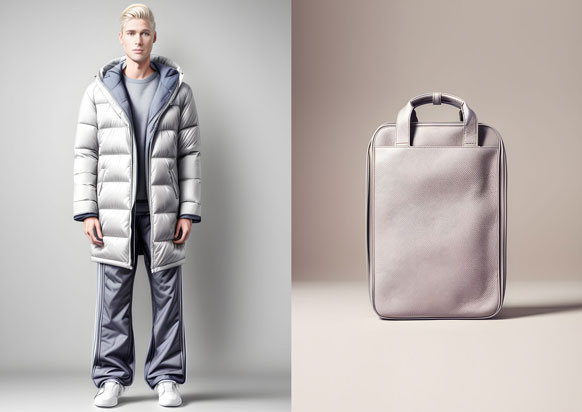 A man wearing a long grey down jacket and a track pants and a grey minimalist leather bag created with generative AI by fashion designer Richard Roelofse.